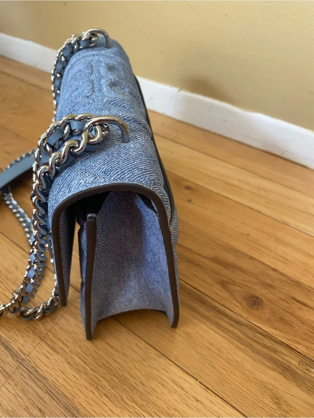 Tory Burch small Fleming shoulder bag. Quilted suede denim. Silver strap